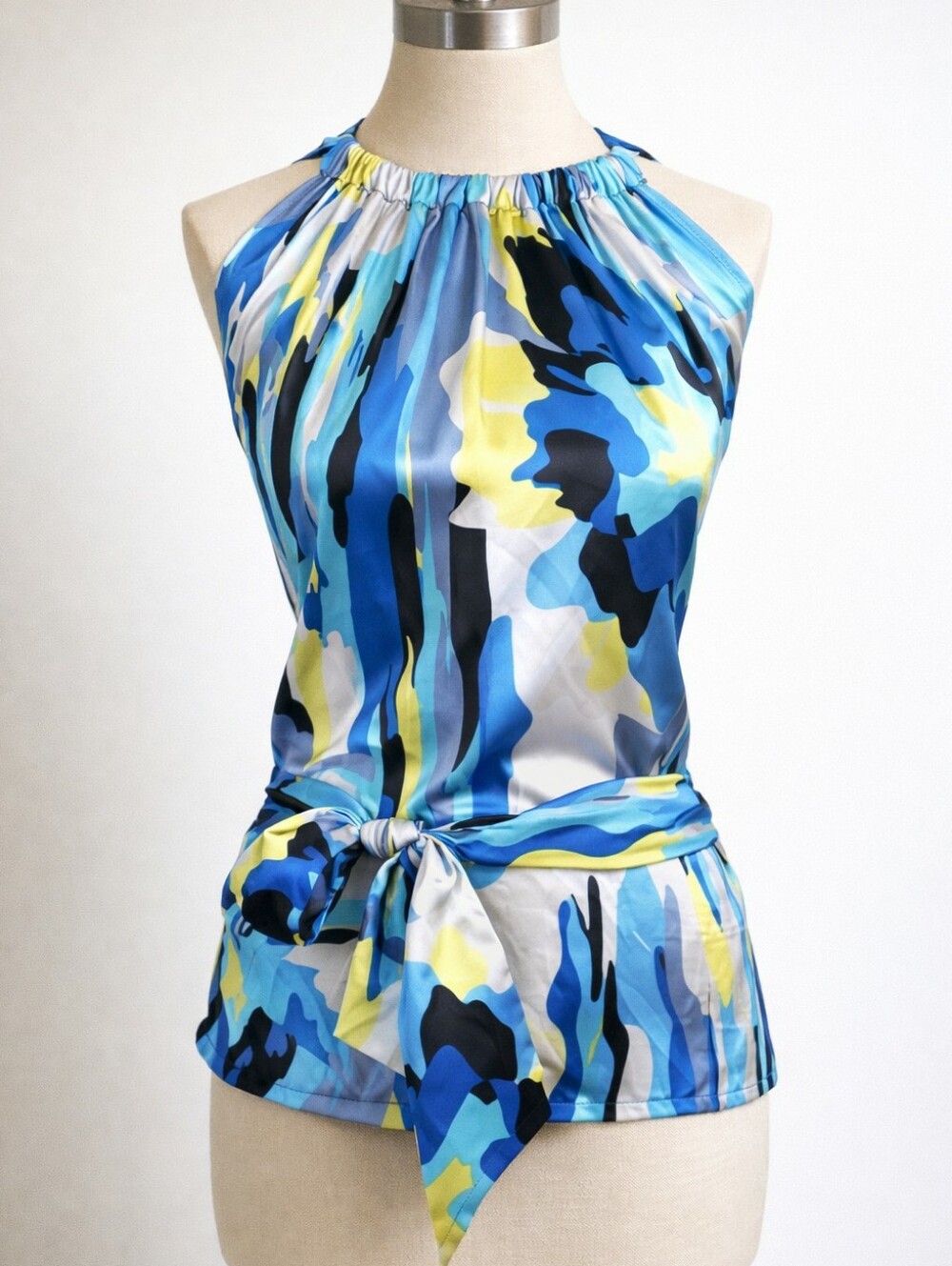 Vintage Silk Sleeveless Halter Top Blouse Turquoise Blue Yellow Abstract • SMALL